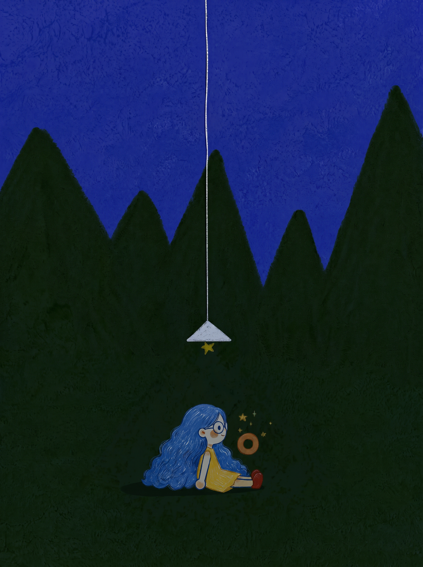 夜色中，女孩坐在熄灭的吊灯下